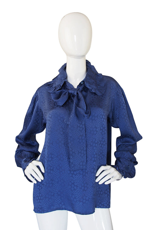 1970s Yves Saint Laurent Ocean Blue Silk Top