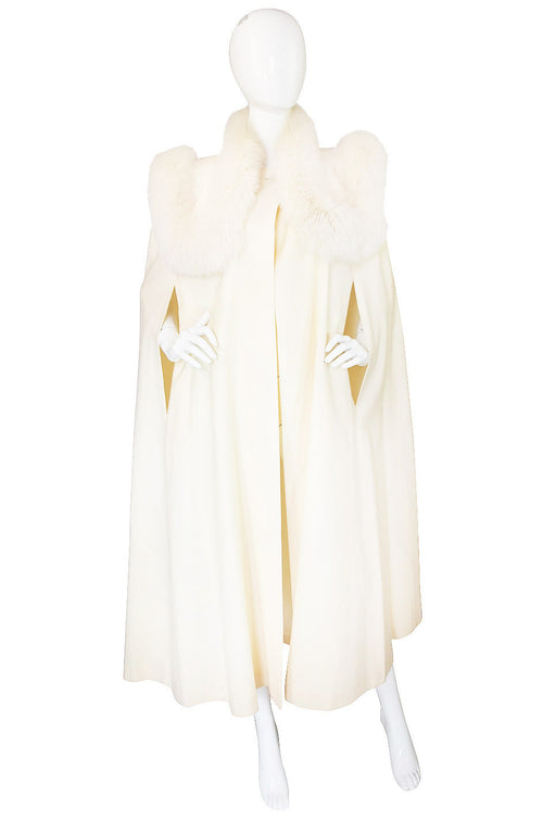 1980s Cream Wool Fox Fur Collar Cape