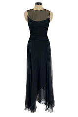 1980s Chanel by Karl Lagerfel Black Silk Chiffon Dress w Gold Button Detailing