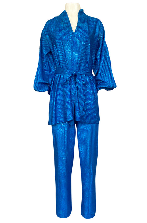 1970s Halston Bright Electric Blue Metallic Lame Lurex Top & Pant Set