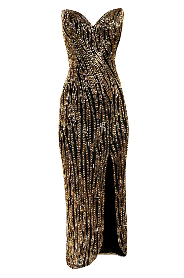 Stunning 1980s Bob Mackie Gold Glass Beaded & Silk Chiffon Strapless Dress