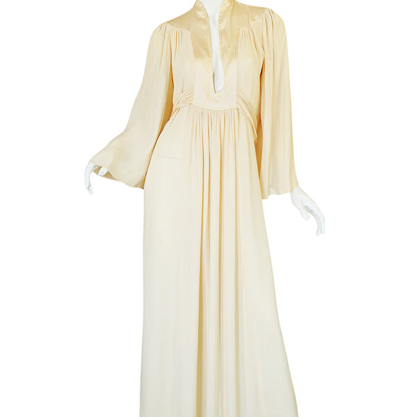 Rare 1960s Ossie Clark Cream Fortuny Pleat Plunge Dress