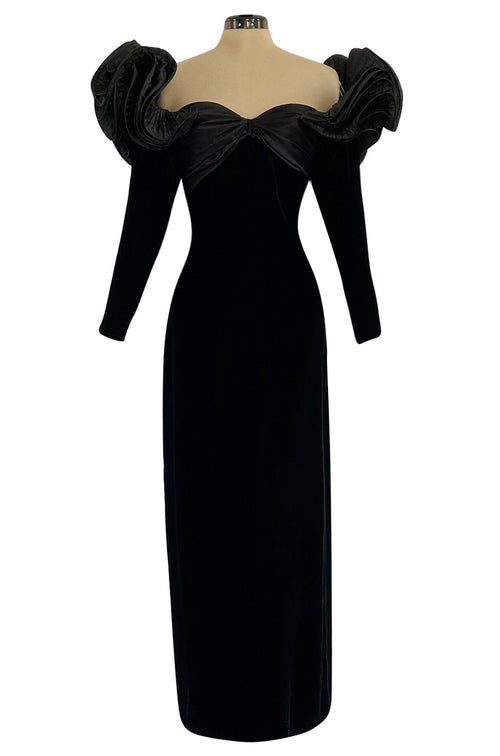 Dramatic 1980s Nina Ricci Black 'Garda' Velvet Dress w Pleated Silk Taffeta Ruffled Shoulders