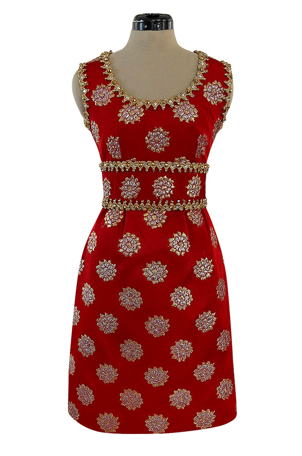 Exceptional Late 1960s Oscar de la Renta Red Silk Dress w Gold & Silver Detailing