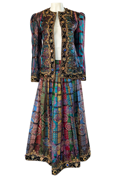 1981 Oscar De La Renta Documented Jewelled Metallic Printed Silk Jacket & Skirt Set