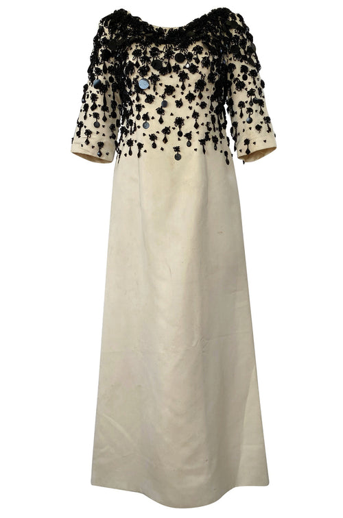 1960s Guy Laroche Haute Couture Embellished Beadwork Ivory Silk Dress