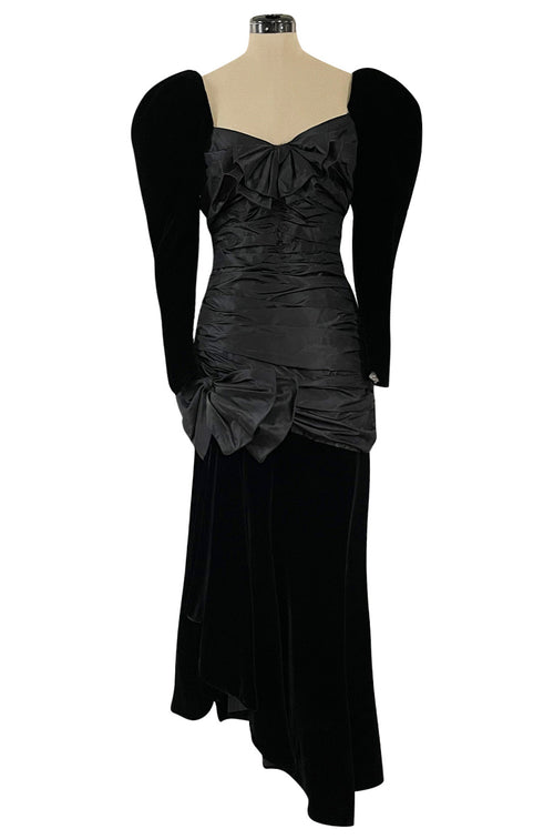 Dramatic 1980s Nina Ricci Black Velvet & Silk Taffeta Dress w Fabulous Sleeves & Slit Skirt