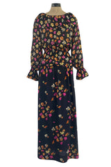 Early 1970s Christian Dior by Marc Bohan Demi-Couture Floral Silk Skirt & Top Dress Set