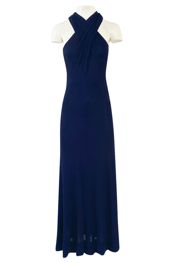 Important 1977 Halston Couture Navy Multi-Way Silk Jersey Plunge Dress w Extra Long Ties