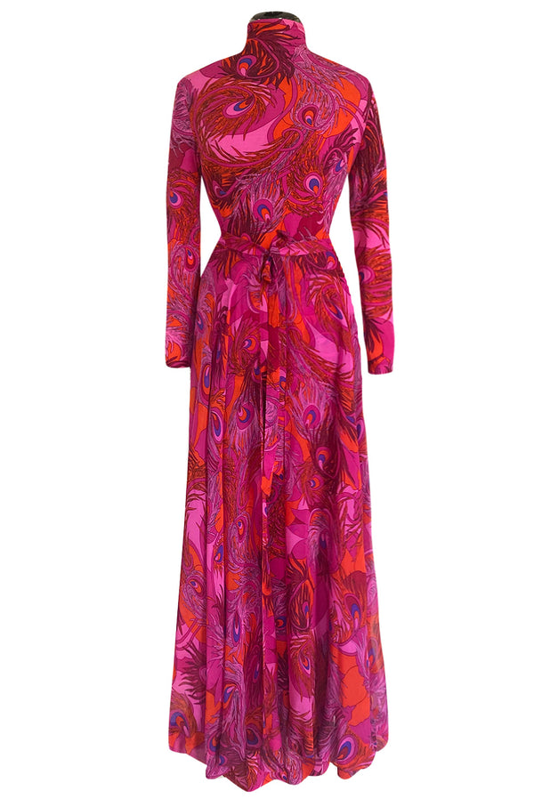 1972 La Mendola Silk Jersey Dress w Skirt Chiffon Skirt in the 'Paridiso' Peacock Feather Print