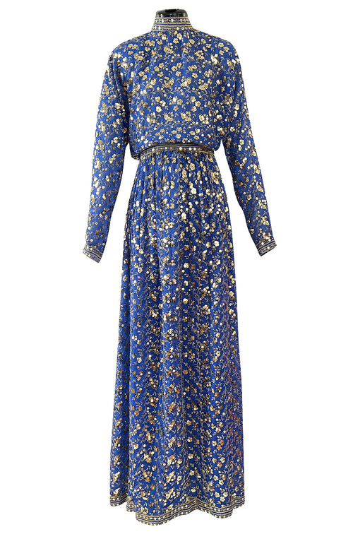 Stunnng 1980s Givenchy Gold Sequin on Blue Silk Chiffon Skirt & Top Dress Set