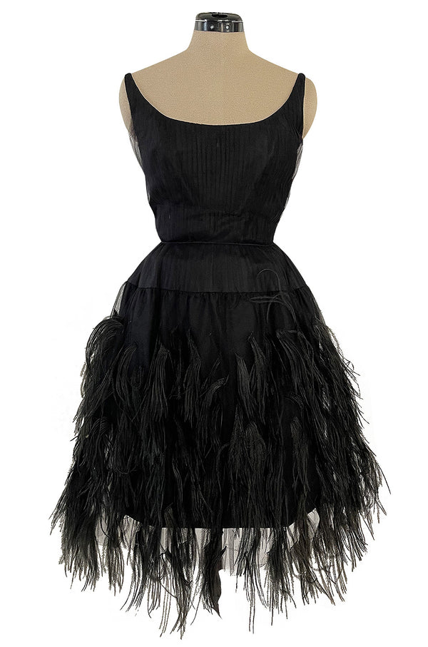 Fabulous Early 1960s Jean Louis Black Silk Chiffon Dress w Elaborate Feather Detailed Skirt