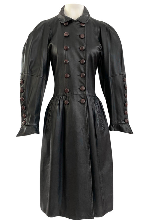 Important Fall 1983 Yves Saint Laurent Runway Leather Coat w Huge Sleeves & Buttons