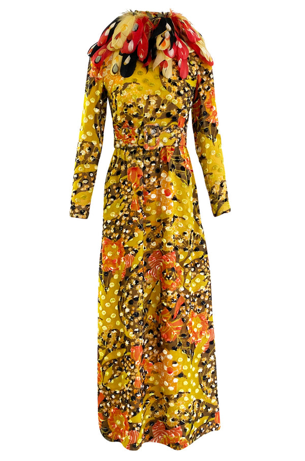 Famous 1971 Bill Blass Vogue Featured Yellow Chenille & Silk Maxi Dress w Elaborate Feather Collar