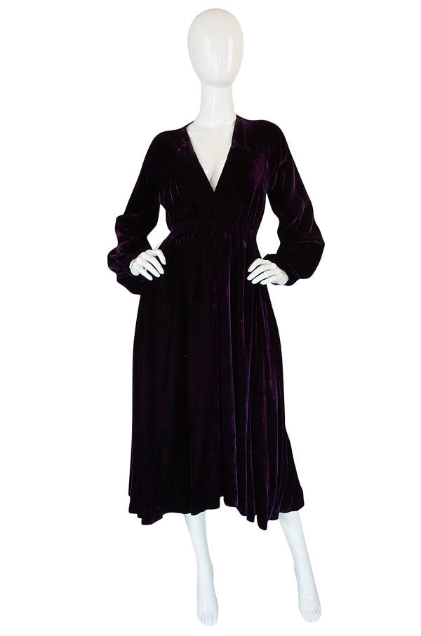 1970s Halston Rich Purple Velvet Deep Plunge Dress