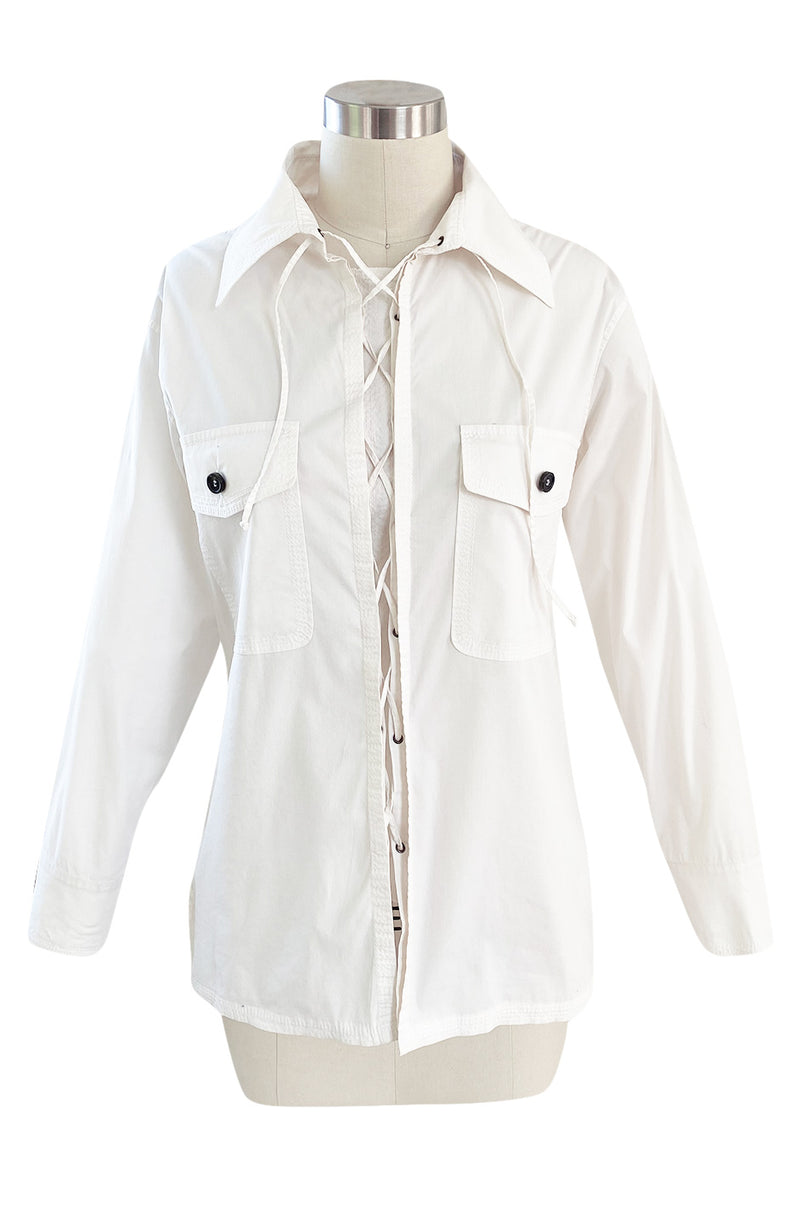 Early 2000s Tom Ford for Yves Saint Laurent Front Lace White Safari Shirt