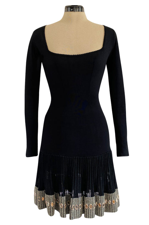 Early 1990s Azzedine Alaia Black Knit Couture Dress w Beaded Hem & Hand Placed Mirrors