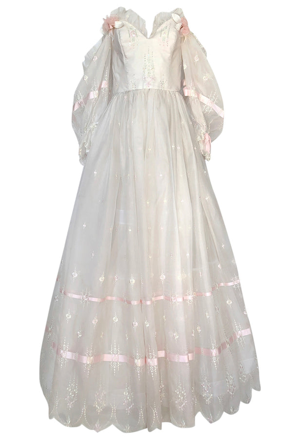 1980s Emanuel Custom Fairy Tale Embroidered & Ribboned Silk Organza Dress