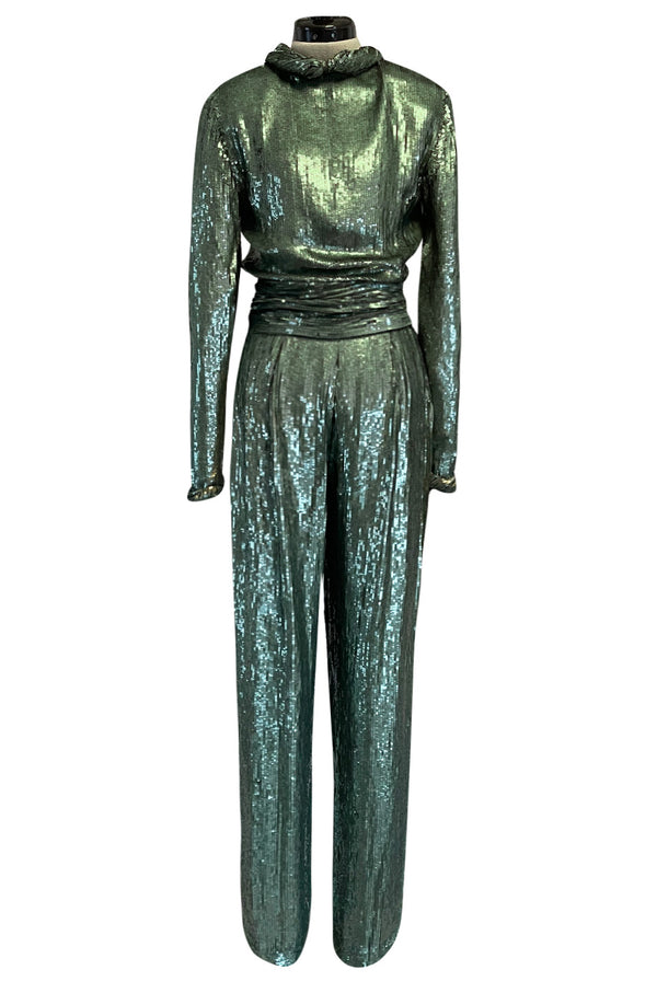 Amazing 1979 John Anthony Couture Sea Green Jumpsuit Completely Covered in Sequins