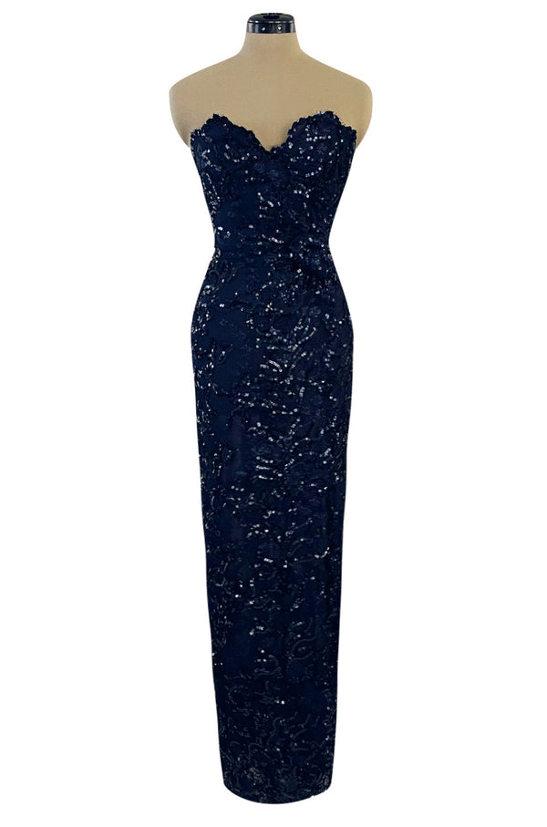 Extraordinary Spring 1984 John Anthony Couture Strapless Blue Sequin Detailed Netted Lace Dress