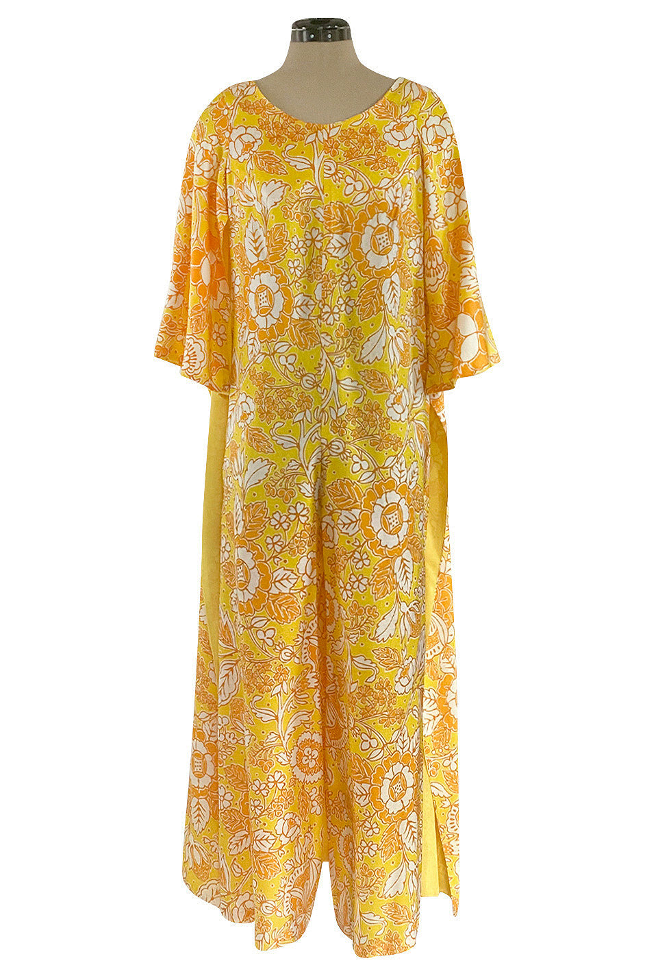 1960s Unusual Wrapped & Tie Printed Yellow Jumpsuit w Full Length Cape ...