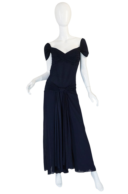 1980s Vicky Tiel Couture Fine Navy Net Draped Corset Dress