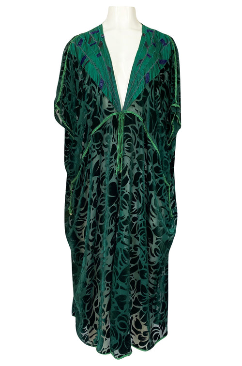 Rare 1977 Thea Porter Couture Green Fused Velvet Open Front Abaya Caftan