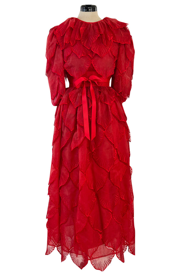 1980s Unlabeled Nina Ricci by Girard Pipard Haute Couture Red Silk & Net Leaf or Petal Dress