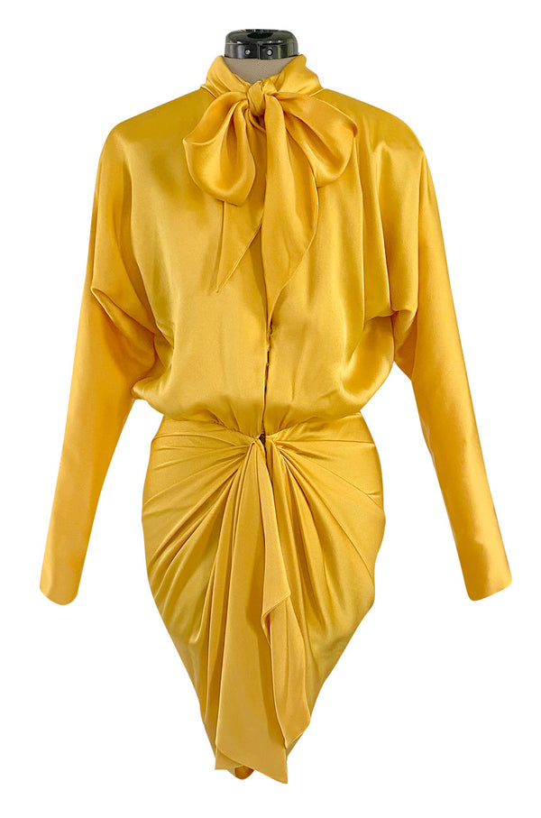 1980s Ady Couture Lausanne Yellow Bias Cut Silk Satin Two Way Tunic or Mini Dress