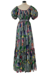 Extraordinary 1940s French Couture Floral Print Pale Blue Grey Net Dress w Original Underdress