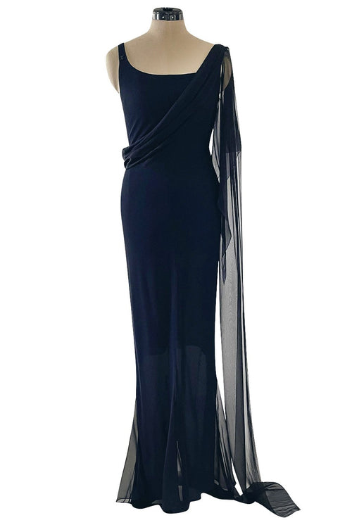 Fabulous 2002 Chanel Cruise Collection Stretch Jersey & Draped Silk Chiffon Midnight Blue Dress