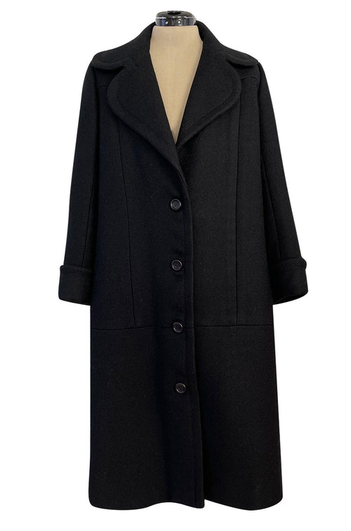 Elegant 1960s Jean Patou by Michel Goma Black Wool Coat w Top Stitching Details