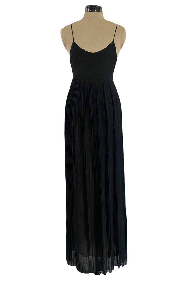 1970s Chloe by Karl Lagerfeld Black Silk Chiffon Tiny Knife Pleated Empire Bodice Dress