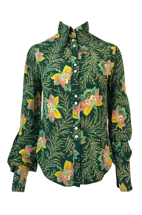 1970s Jeff Banks Green Floral Print Balloon Sleeve Silk Shirt