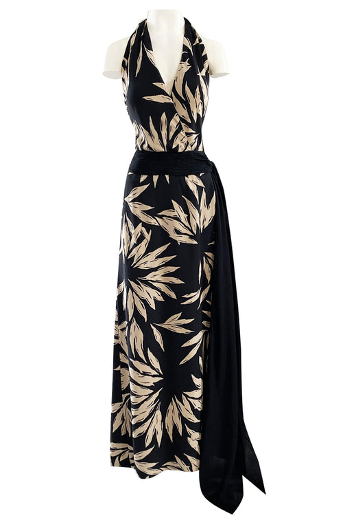 Gorgeous 1980s Valentino Haute Couture Black & Ivory Silk Print Plunging Halter Dress