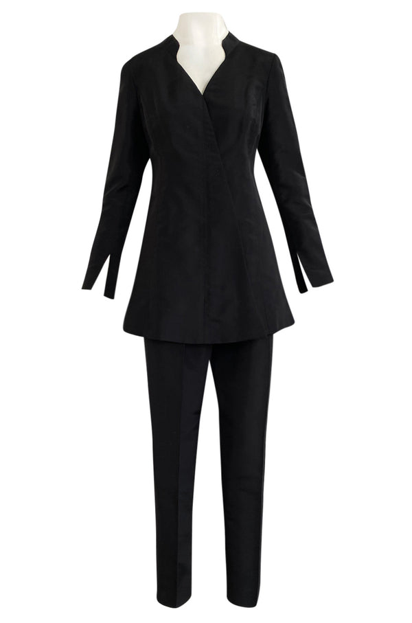 Spring 2000 Chanel Haute Couture Black Silk Taffeta Sculpted Jacket & Tapered Pant Suit Set