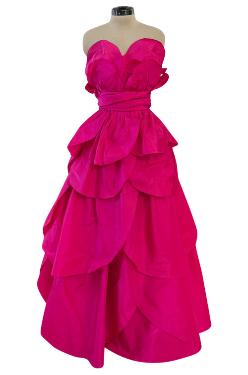 Stunning 1980s Loris Azzaro Strapless Bright Pink Silk Taffeta Layered 'Petal' Dress