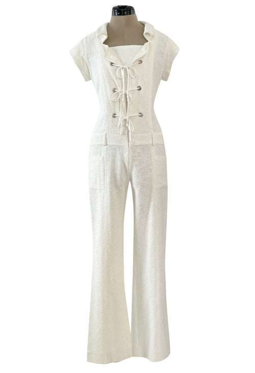 Fabulous 2007 Chanel Resort Runway Textured White Lace Front Pocket Jumpsuit