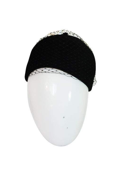 1970s Halston Black Felt and Netted Rounded Pill Box Hat