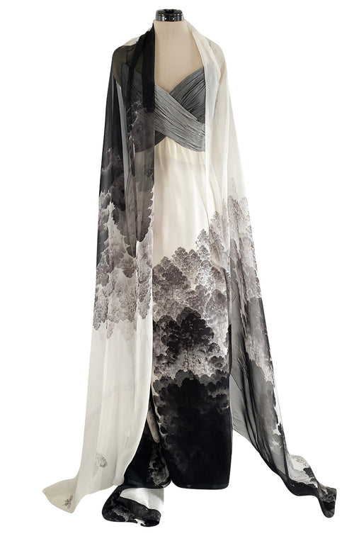 Spring 2000 Hanae Mori Haute Couture Forest & Butterfly Print Silk Chiffon Dress & Silk Huge Scarf