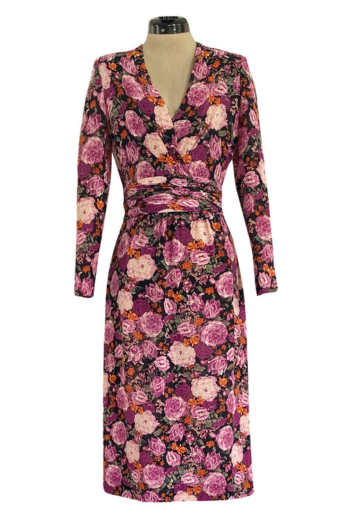 Pristine 1970s Jean-Louis Scherrer Haute Couture Pink Floral Print Silk Dress w Banded Waist