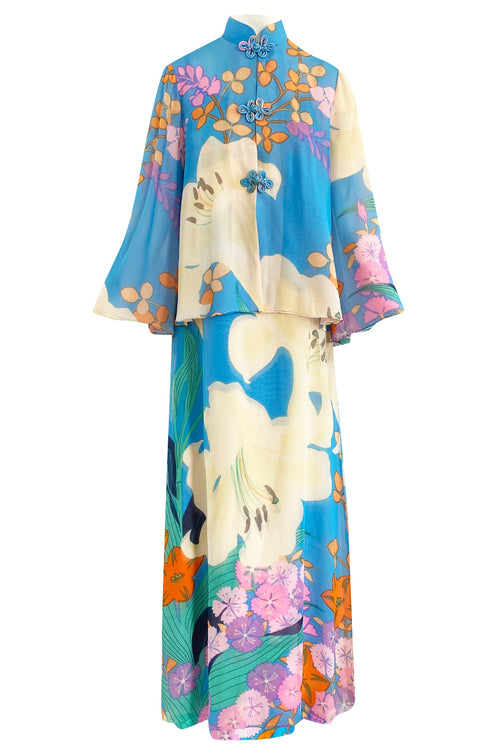 Extraordinary 1970s Hanae Mori Couture Pastel Turquoise Floral Print Silk Chiffon Dress & Jacket