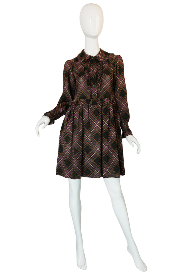 1970s Yves Saint Laurent Ruffled Front Baby Doll Plaid Dress