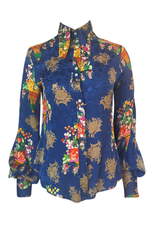 1960s Rare Blue Floral Print Silk Jeff Banks Button Shirt