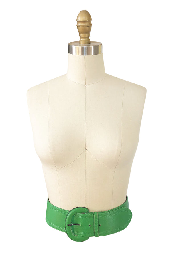 1970s Yves Saint Laurent Green Leather Wide Buckle Belt