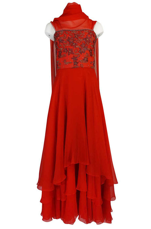 Stunning c1978 Nina Ricci Haute Couture Hand Beaded Layered Red Silk Chiffon Dress