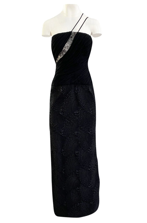 1970s James Galanos Couture Textured Puff Silk One Shoulder Dress w Transparent Lace Inset