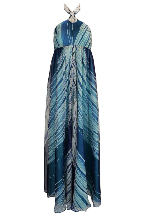 1974 Thea Porter Couture Documented 'Wave' Print Silk Chiffon Backless Dress