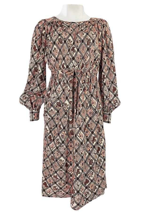 Prettiest 1970s Emanuel Ungaro Haute Couture Full Sleeved Floral & Lattice Printed Silk Dress