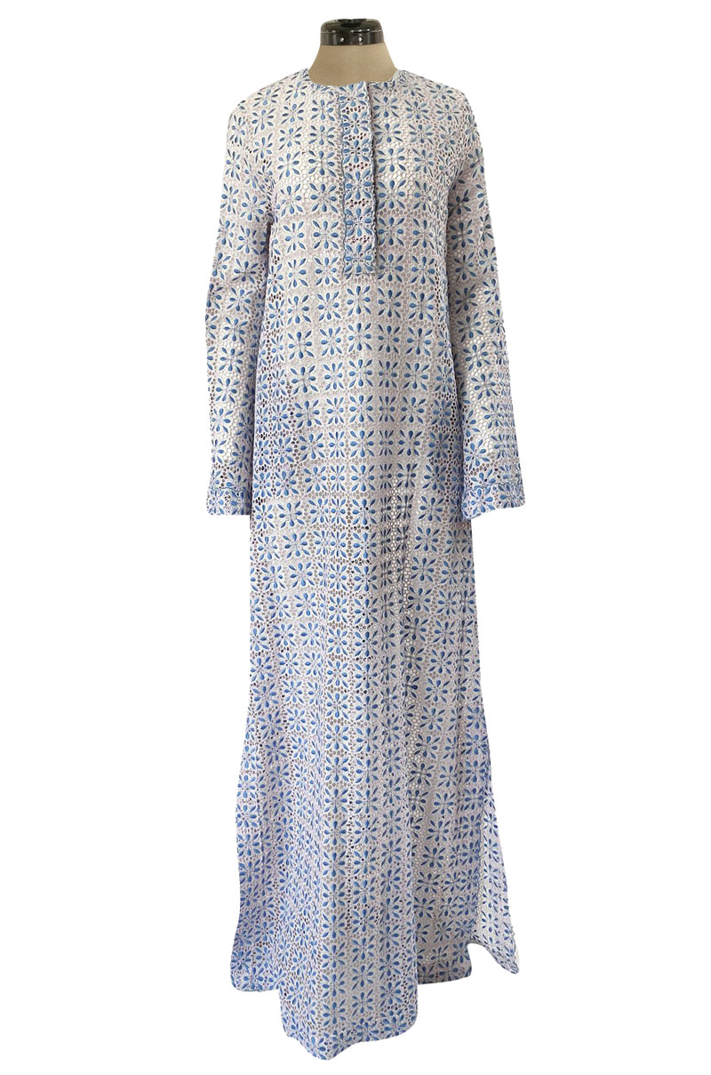 Spring 2014 Luisa Beccaria Palest Blue Open Cut Work Embroidered Caftan Dress w Wide Sleeves